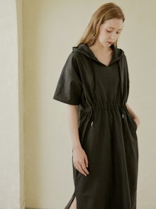 Hooded Linen Banding Long Dress - Dark Grey