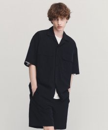 BLACK SEMI OVER FIT NYLON CAMP COLLAR SHIRTS TNSH1E713BK