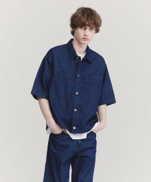 [BLUER THAN] INDIGO OVER FIT LINEN RAW-DENIM OUTER CROP SHIRTS TNSH1E790B2