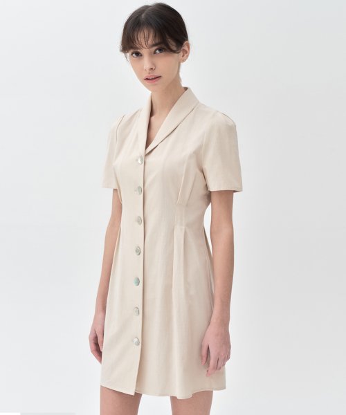 MUSINSA | MONGDOL Pintuck Linen Shirt Collar Mini One Piece Beige