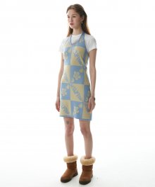 Checkerboard Halter Knit Dress Baby Blue/Egg Shell