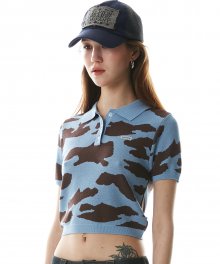 Polo Knit Top Cowhide/Blue