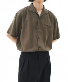 Open collar linen s/s shirts brown