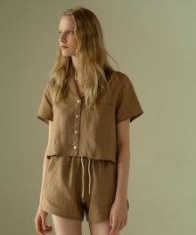 SI TP 5028 Linen Crop Shirt_Sand brown