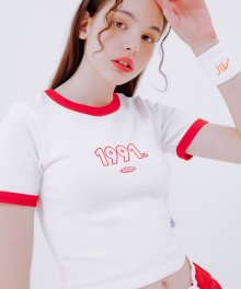 1991 크롭 반팔 티셔츠 (화이트/레드)