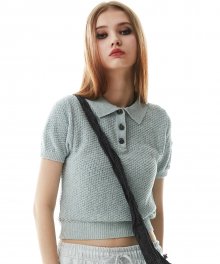 Boucle Polo Knit Top Heather Blue