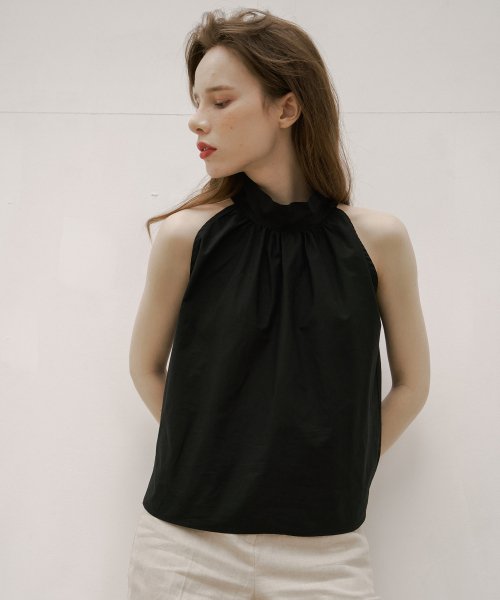 Shirring Halter Neck Back Button Blouse Black