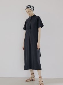 Stand Collar Linen Dress - Black