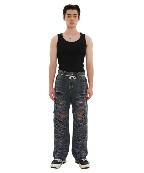 레씨토(LECYTO) DESTROYED WIDE DENIM PANTS_[GRAY] - 사이즈