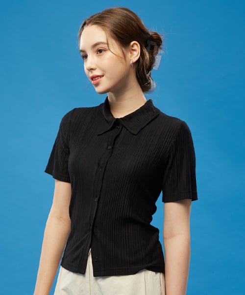 콜릿(koleat) WOMEN 미디 크롭 슬림 플리츠 반팔티 가디건 [BLACK] 반팔 크롭티