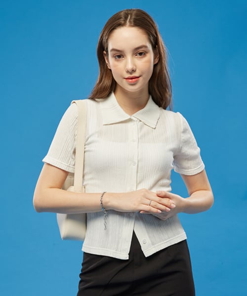 콜릿(koleat) WOMEN 미디 크롭 슬림 플리츠 반팔티 가디건 [WHITE] 반팔 크롭티