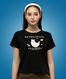 WOMEN 크롭 슬림 그래픽 고양이 반팔티 [BLACK] 크롭티 반팔 티셔츠 ver.