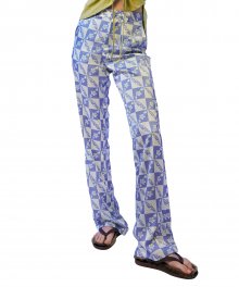 Satin Checkerboard Flare Pants Baby Blue/Egg Shell