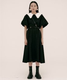 ‘V’ embroidered lace collar with black jacquard maxi dress