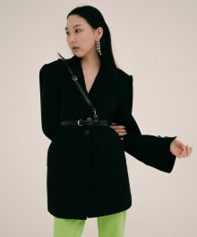 Oversized shirring puff black long jacket