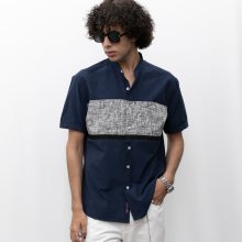 블록 패턴 릴렉스핏스탠드 칼라 셔츠 (네이비)
