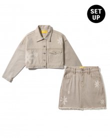 [SET]Flower Denim Crop Jacket + Skirt(BEIGE)