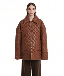 Faux-Leather Collar Quilted Jacket_Brown