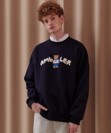 Winter bear 오버핏 기모 맨투맨 티셔츠  AMM915 (NAVY)