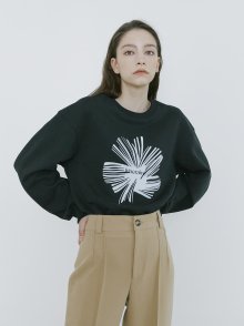 Flower Print Crop Sweat Shirt - Black