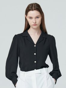 Shirring Notched Collar Blouse - Black