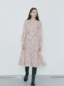 Flower Print Pleats Dress - Beige