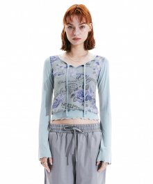 Mesh Layered Bell Sleeve Top Light Blue