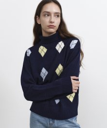 R COLOR ARGYLE TURTLE NECK KNIT_NAVY