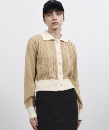 R CONTRAST CABLE KNIT CARDIGAN_BEIGE