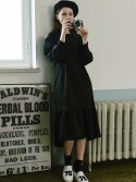 아방(AVANT-G) Dart Volume Sleeve Long Shirring Dress - Black