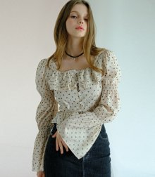 Flower square neck frill blouse beige