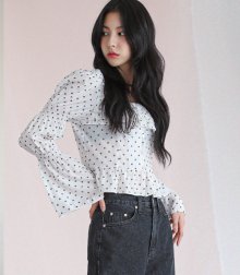 Flower square neck frill blouse white