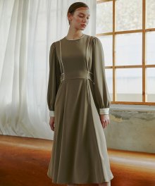 Combination Color Piping Dress  Khaki Brown
