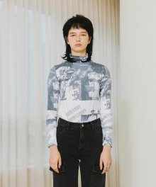 CROPPED HIGH NECK PRINTED T-SHIRT (GRAY)