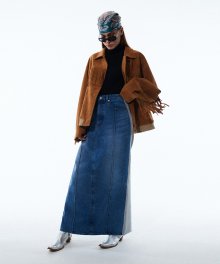 HALF AND HALF DENIM MAXI SKIRT KA [BLUE]