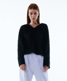 BOUCLE FUR KNITTED V-NECK TOP KA [BLACK]