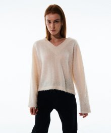 BOUCLE FUR KNITTED V-NECK TOP KA [IVORY]