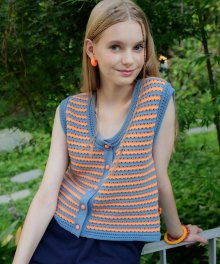 Stripe Crochet Knit Vest [ORANGE BLUE]