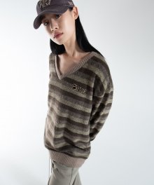 Stripe V-neck knit MTM [Brown]