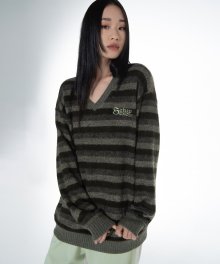 Stripe V-neck knit MTM [Khaki]