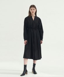 플리츠 포인트 코튼 드레스 - 블랙