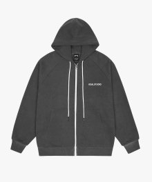 SIGNATURE LOGO PIGMENT DYED FULL ZIP-UP HOODIE - CHARCOAL