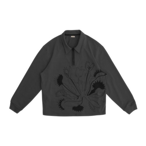 Flower Embroidered Half Zip-up T Shirt - Charcoal