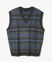 Fair Isle V-Neck Knit Vest [Charcoal/Blue]