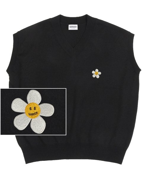 Вязаный жилет унисекс с цветочной вышивкой, Black