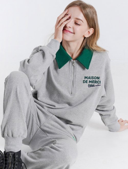 UNISEX регуляр-фит MAISON цепочная вышивка полумолния меланж-серый (FCB3TS322M)