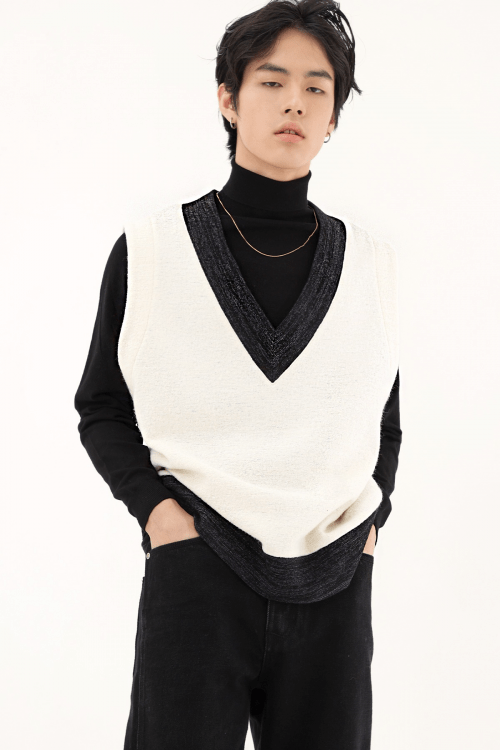Жилет UNISEX MAN из твида и шерсти с V-вырезом Ivory/Navy