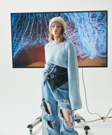 BOUCLE CASHMERE CROPPED LONG SLEEVE_SKY