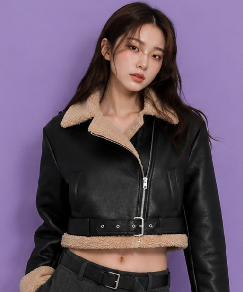 [벨트탈부착] WOMEN 크롭 오버핏 무스탕 플리스 자켓 Black_Beige [라이더 ver.]