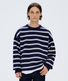 NAVY OVER FIT MULTI STRIPE CREWNECK SWEATER TNSW1F708N2